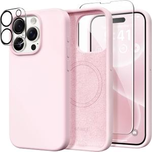 GONEZ for iPhone 15 Pro Max Case Silicone, Compatible with Magsafe, Camera Protector + Screen Protector, Soft Anti-Scratch Microfiber Lining, Liquid Silicone Shockproof Phone Cover, Chalk Pink