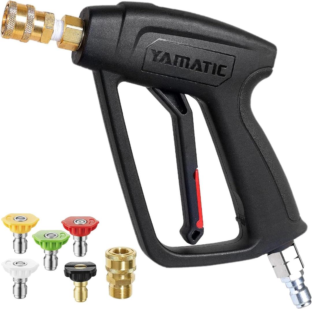 YAMATIC Short Pressure Washer Gun with Stainless Steel Swivel 3/8" Quick Connector, Power Washer Handle with Easy Pull Trigger Replacement for Ryobi, Simpson, Craftsman, DeWalt, 4000 PSI, Stainless Steel, Stubby Gun