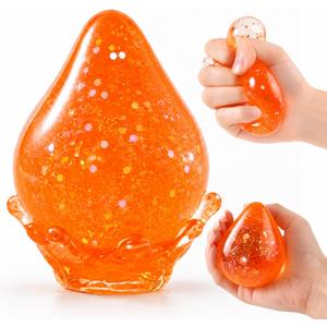 2 x Dream Glitter Drop Squishy, Sugar Droplet Squishy Stress Ball, Water Drop Fidget Toy, Raindrop Squishy Sensory for Anxiety Relief, Slow Rising Squeeze Toy Gift for Birthday (Glitter Orange), 2.36 x 2.36 x 3.55 inches