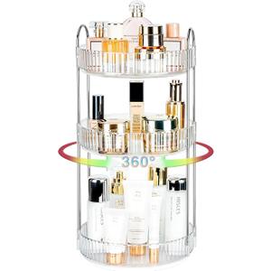 360 Rotating Makeup Organizer, 3 Tier Large Capacity Lazy Susan Bathroom Counter Organizer, Skincare Organizers, Spinning Perfume Organizer & Vanity Organizer Countertop (Silver Clear, 3 Tier)