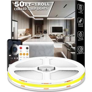 50FT COB Led Strip Lights, Uniform 6500K COB Rope Light,Bright Daylight White Lights,High Density,App/Remote Control,Indoor 24V Cuttable Cabinet Lights for Bedroom,Bookshelf,Showcase,Kitchen