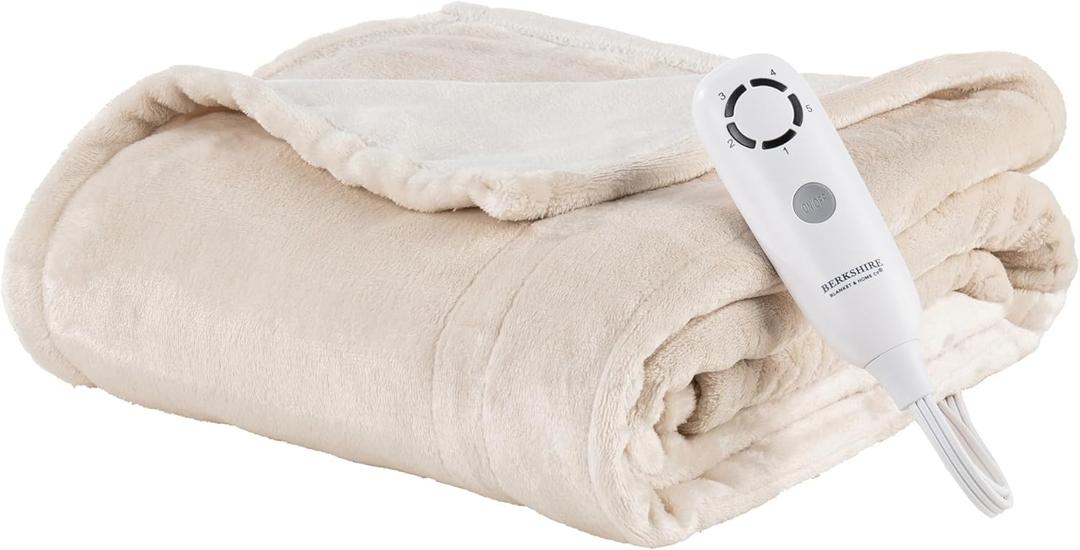 Berkshire Blanket Heated Throw  Reversible Loftmink Velvety Fleece Electric Blanket, 5 Heat Settings & Auto Shut-Off, Ultra-Cozy for Couch, Bed & Office, 50" x 60", Sandshell