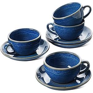 LE TAUCI 8 oz Cappuccino Cups with Saucers, Ceramic Large Coffee Cup for Au Lait, Double shot, Latte, Cafe Mocha, Tea - Set of 4, Ceylon Blue