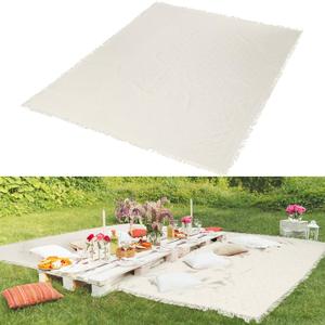 91 x 71 Extra Large Outdoor Picnic Blanket Woven Cotton Yarn Oversize Beach Blanket with Fringe Bohemia Machine Washable Sandproof Portable for Spring Summer Camping Beach (Beige)