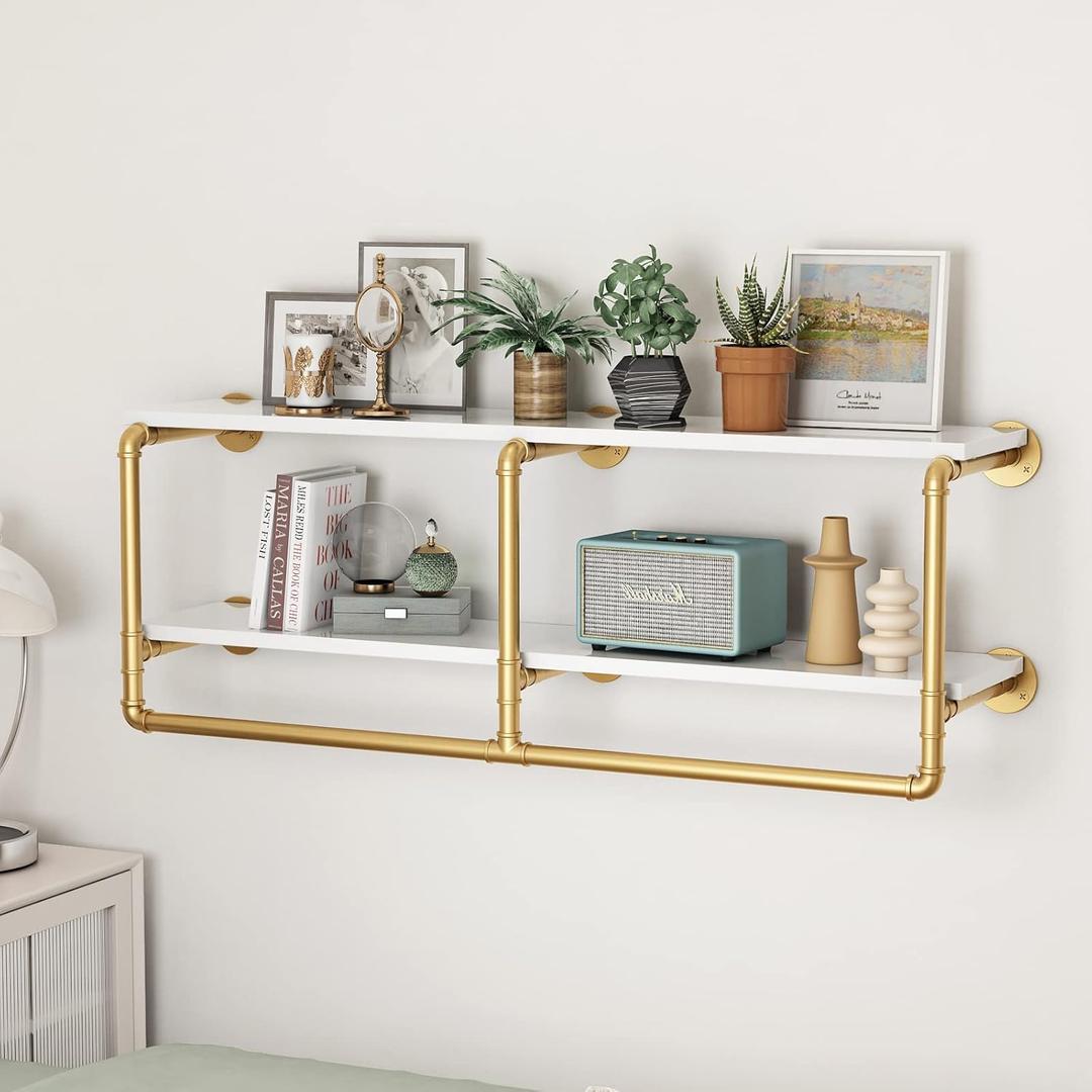 HOMEKAYT 48'' Industrial Pipe Shelving Floating Wall Shelves 2 Tier Gold Shelves Multiple Use for Kitchen, Bedroom,Living Room,Bathroom