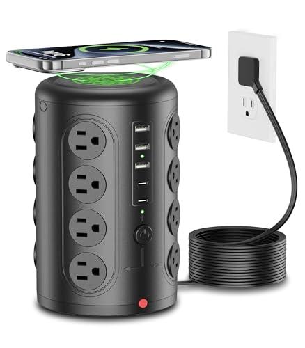 Power Strip Tower, TenTrend 16 Outlets and 5 USB Ports (2 USB-C), 2000 Joules Charging Station, 6FT Flat Plug Extension Cord for Home Office Dorm Room Essentials, Black
