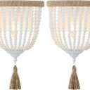 Boho Wood Beaded Wall Light, Hand-Woven Rope Farmhouse Bedside Wall Lamp, White Rustic Bohemia Wall Sconce Lighting Fixture for Bedroom,Hallway,Bathroom,Nursery,Entryway,Living Room,2 Pack