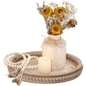 SOFE 16 Inches Round Wood Tray, Hand Crafted Beaded Farmhouse Large Candle Tray Decorative, Rustic Coffee Table Centerpieces for Kitchen and Dining, Living Room