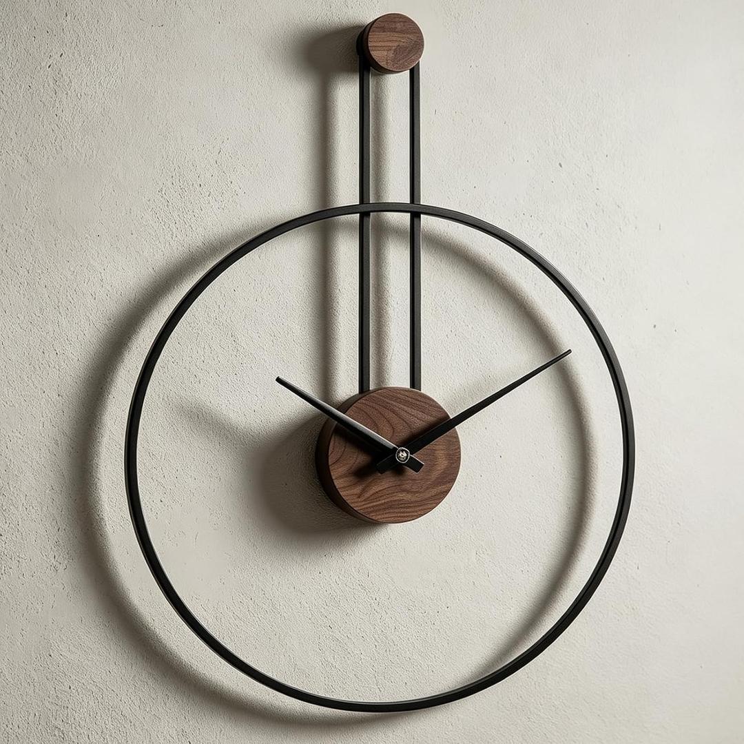 Modern Minimalist Black Metal Ring Wooden Silent Wall Clock Decor, 21.6 * 28.7in