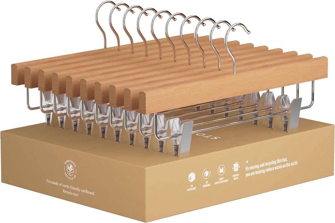 StorageWorks Pants Hangers with Clips, Wooden Clothes Hanger for Skirts, Jeans, Shorts, 10 Pack (Silver)