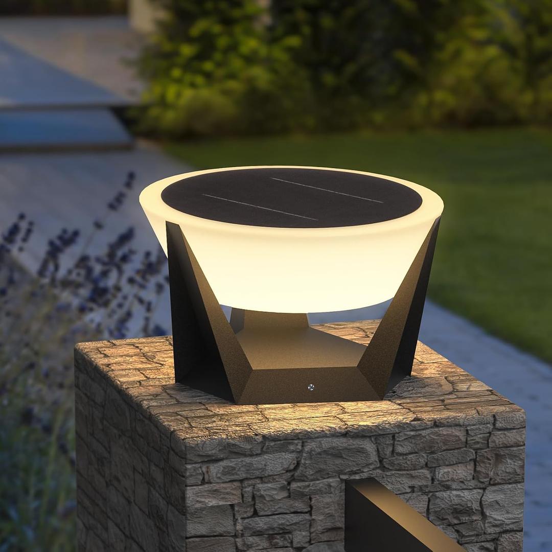 11" Unique Solar Post Light, Outdoor IP54 Waterproof Luxury Decorative Fence Pillar Cap Column Landscape Lamp with 3 Color Modes & Modern Artistic Design, Solar Powered