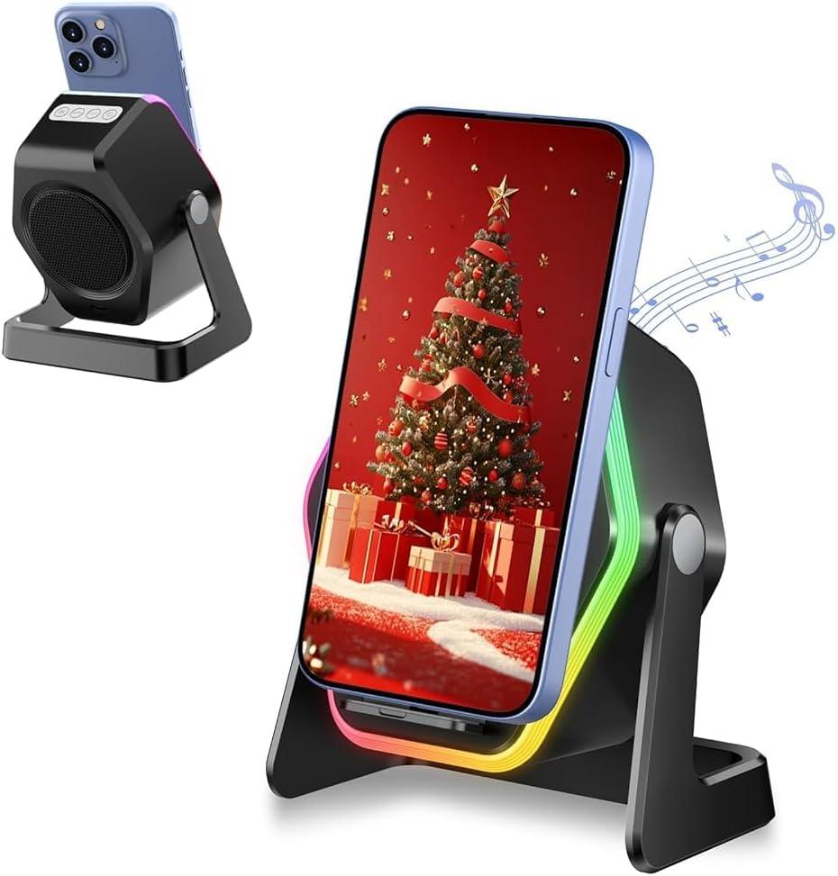 Hupoaf Wireless Induction Speaker, 5 in1 Bluetooth Phone Speaker with Mirror, Stereo Sound, RGB Ambient Light, 2600mAh, Tech Gifts for Men Women, Adjustable Phone Stand for iOS/Android, Pure Black