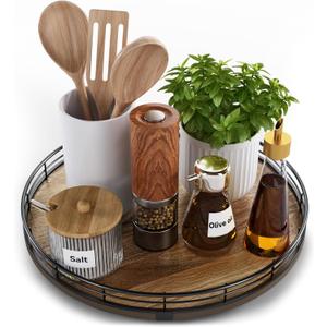 Acacia Wood 12" Lazy Susan Turntable Organizer for Table Top, Farmhouse Round Wooden Lazy Susan for Cabinet Kitchen Centerpieces Coffee Table, for Condiments Spices, Bathroom Vanity Tray Decor