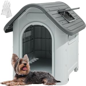 DWVO 30'' Plastic Foldable Dog House for Small Dogs, Waterproof Folding Pet House with Adjustable Top Window and Elevated Base (30''L x 23.3''W x 26''H)