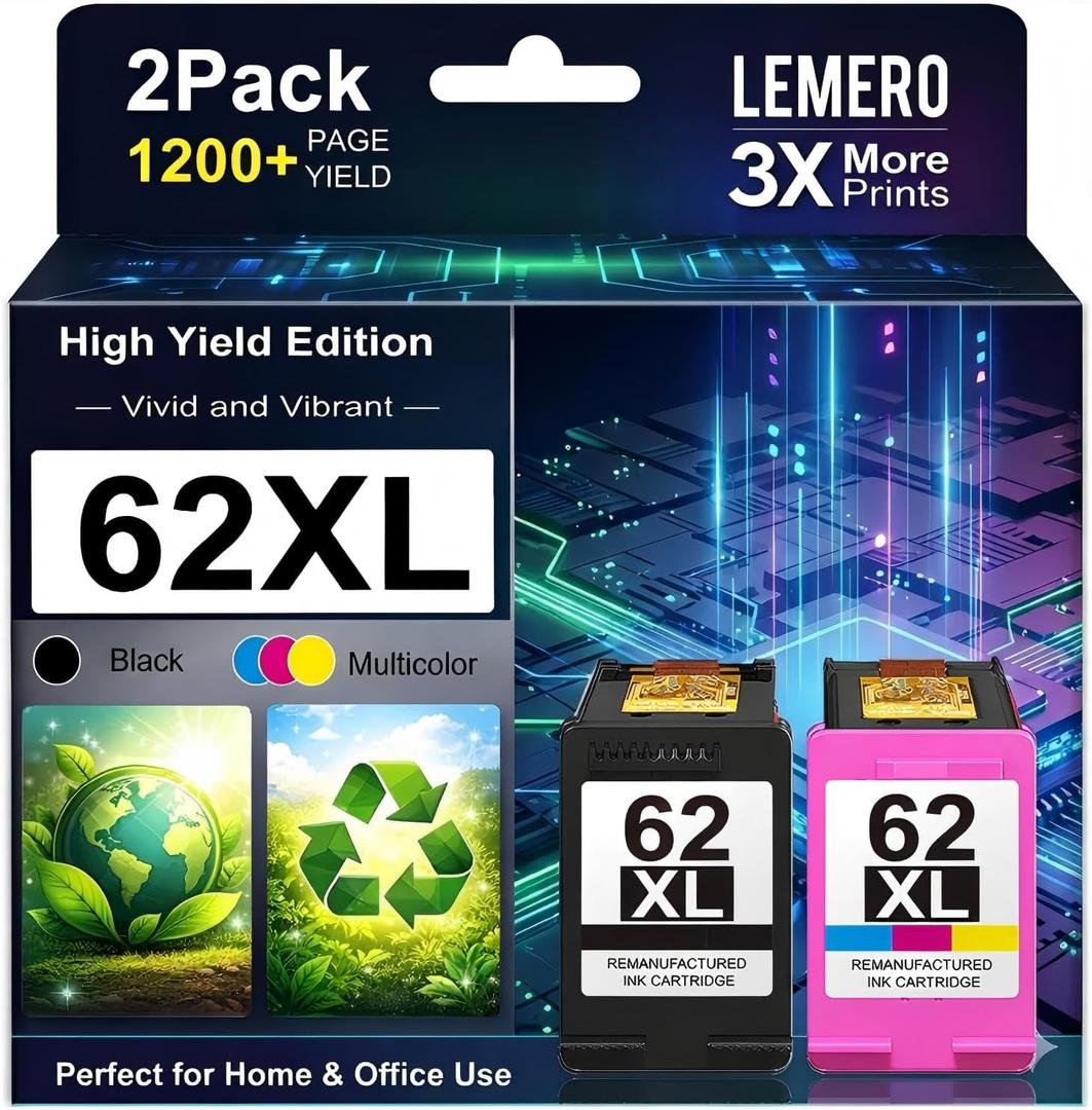 LEMERO 62XL Ink Cartridges Remanufactured Ink Cartridge Replacement for HP 62XL Ink Cartridge Combo Pack for HP Ink 62 use with Envy 7640 5660 5540 7645 5746 OfficeJet 250 200 5740 Mobile Printer (62XL Black and Color)