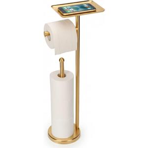 Gold Toilet Paper Holder with Shelf, Freestanding Tissue Holder Stand with Storage Space for Extra 4 Toilet Paper Rolls (Stainless Steel Base, Gold)