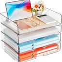 StorBin 4 Trays Paper Organizer Letter Tray, Acrylic Stackable Desk File Organizer, Clear Office Desk Organizer for File Paper, Ipad, Letter, A4 Office File, Books, Notes