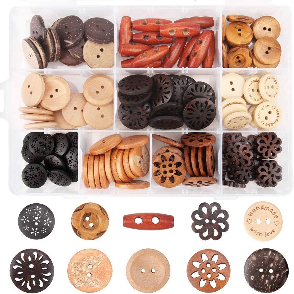 Assorted Handmade Buttons, 120Pcs Wooden Buttons Art DIY Craft Supplies with Box