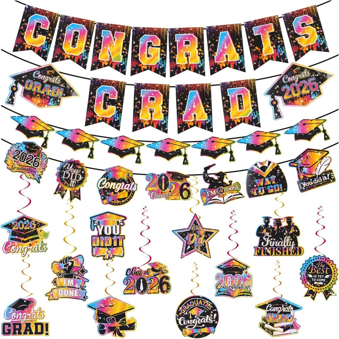 baotongle 15pcs Graduation Decorations 2026 Banner Themed Set Congrats Grad Banner Streamers Kit Complete Party Supplies for High School College Celebrations