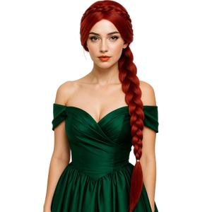 Wiggy Mermaid Red Braid Princess Wig and Crown Ears Accessories for Adult Women, 29.5'' Ultra Long Dark Red Braided Pre-styled Wig + Cap for Halloween Costume Party Cosplay