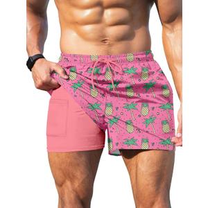Keevoom Mens Swim Trunks Compression Liner Swim Shorts Quick Dry Swimwear Swimsuit Bathing Suits Board Shorts with Pockets (Pink, XL)