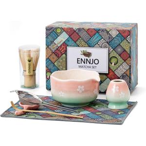 Cherry Blossom Matcha Whisk Set, 7 Pcs Matcha Kit with Ceramic Matcha Bowl with Spout, Bamboo Matcha Whisk And Scoop, Stainless Steel Sifter, Ceramic Holder, Rest And Tea Towel