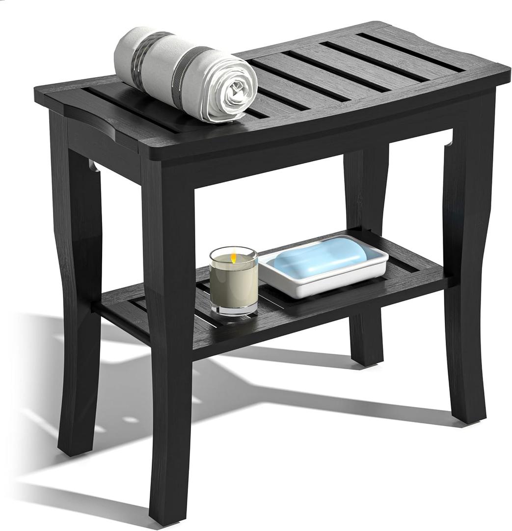 Domax Bamboo Shower Bench & Stool Waterproof - Wood Shower Bench with Storage Shelf for Inside Shower(Black)