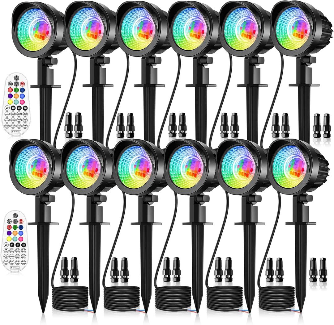 MEIKEE 15W RGB Landscape Lights 12V 24V Low Voltage Landscape Lighting RGBW Color Changing IP66 Waterproof Outdoor Spot Lights with Connectors for Garden Path Yard (12 Pack)