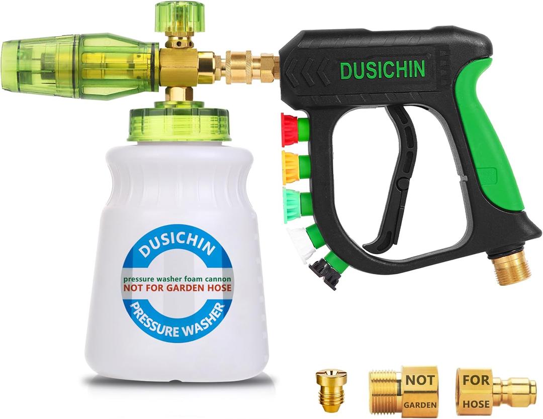 DUSICHIN Pressure Washer Spray with Foam Cannon,4000 PSI Car Wash Kit Snow Foam Lance Sprayer with 1/4" Quick Connector and 5 Nozzle Tips,1L Bottle DUS2702