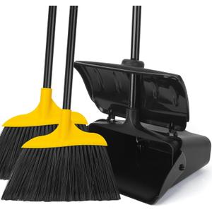 Indoor/Outdoor Heavy Duty Broom and Dustpan Set,Upright Plastic Commercial Dust Pan with 2 Brooms Perfect for Sweeping Courtyard Garage Lobby Kitchen Office Mall Market Shop Floor