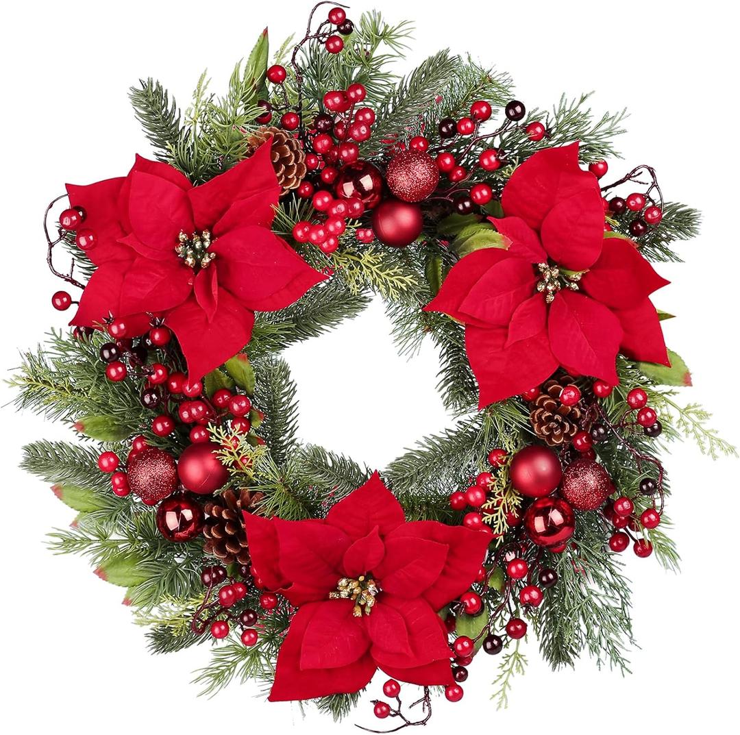 Chrisxiao Christmas Wreath Front Door 20 Inch Artificial Christmas Wreath Decorated with Holly Berries, Hawthorn Berries, for Indoor Outdoor Christmas Decoration (Chrismats Wreath 06)
