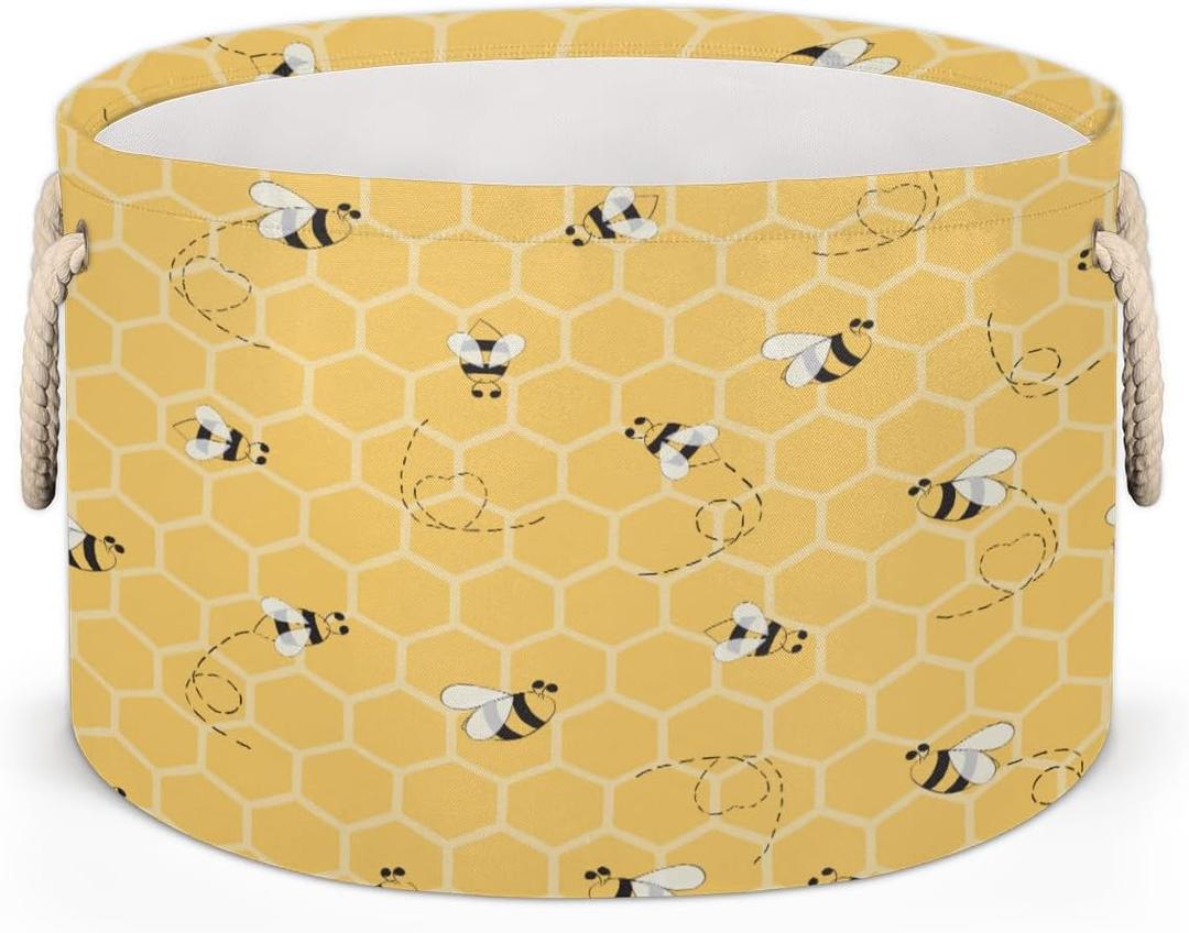 FengQuGou Cute Yellow Bee Large Storage Basket Honeycomb Bee Round Laundry Basket with Handle Organization Collapsible Storage Bins Box Hamper for Kids Toy Clothes Nursery Bedroom Living Room Decor