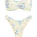 ZAFUL Bikini Sets for Women Strapless Ruched Bow Lace Trim Bandeau Swimsuit 2 Pieces Bathing Suits (Small, 2-Beige)