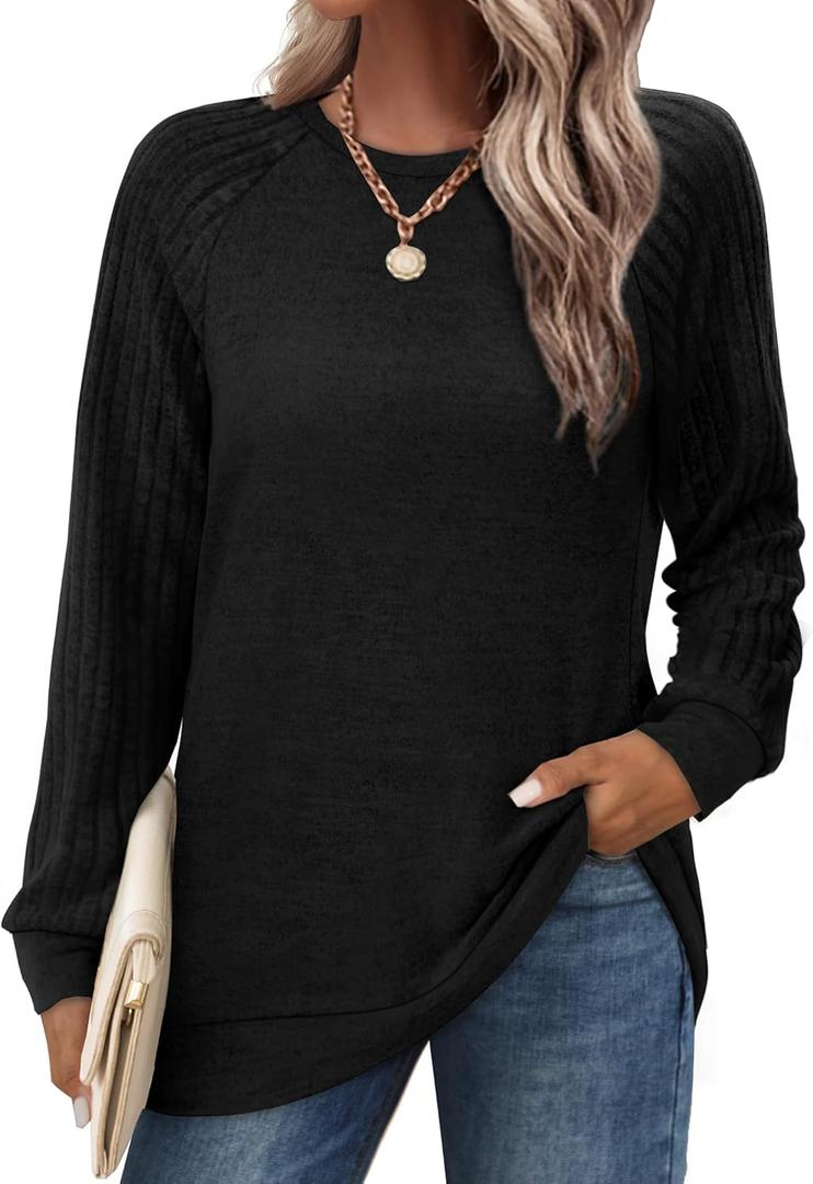 Saloogoe Tunic Sweatshirts for Women Crewneck Lightweight Sweaters Raglan Long Sleeve Shirts Fall Fashion Tops 2025 (X-Large, Black)