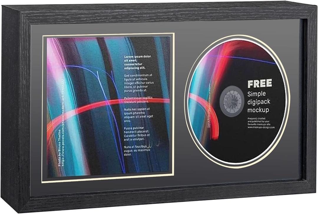 CD Display Frame 13x7 Inch, Shatter-Resistant Solid Wood Case for Signed Discs & Albums, Wall Mount or Tabletop Music Decor with Plexi Glass, Idea Gift for Music Fans (Black)