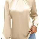 Bluetime Women's Silk Dressy Casual Business Blouse Pleated Long Sleeve Shirts Satin Office Work Tops Fall Outfits (L)