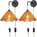 Plug in Wall Sconces Set of Two,Handwoven Boho Wall Decor, Plug in Wall Light with Switch for Farmhouse,Indoor, Living Room, Bedroom (Bulb Not Included) 11 X 8 Inch (Wave - 2 Pack)