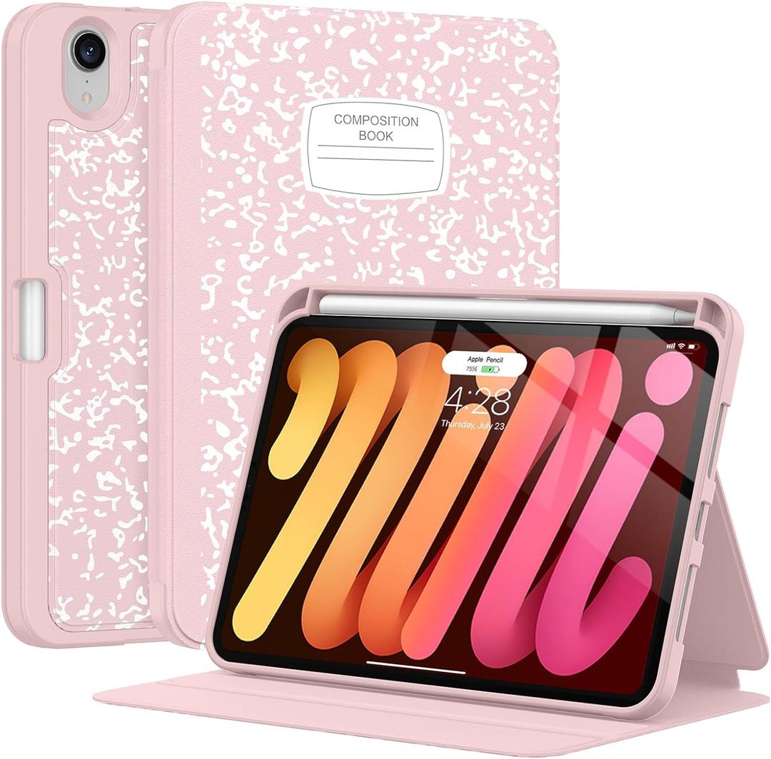 Supveco Case for iPad mini 7 (A17 Pro) 2024/iPad Mini 6 2021 8.3 Inch with Pencil Holder-[Auto Wake/Sleep],Slim Protective Case with Soft TPU Back Cover for iPad mini 7th/6th Generation-Pink