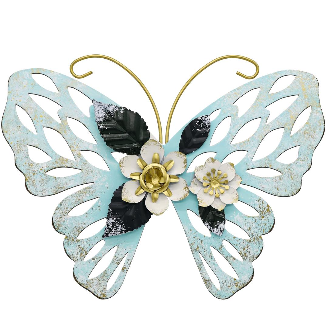 JinKune 12 Inch Butterfly Wall Decor 3D Double Layered Butterfly Leaf Floral Wall Art, Metal Wall Hanging Home Decorations Wall Sculpture Decor For Living Room Bedroom Kitchen Dining Room, Teal