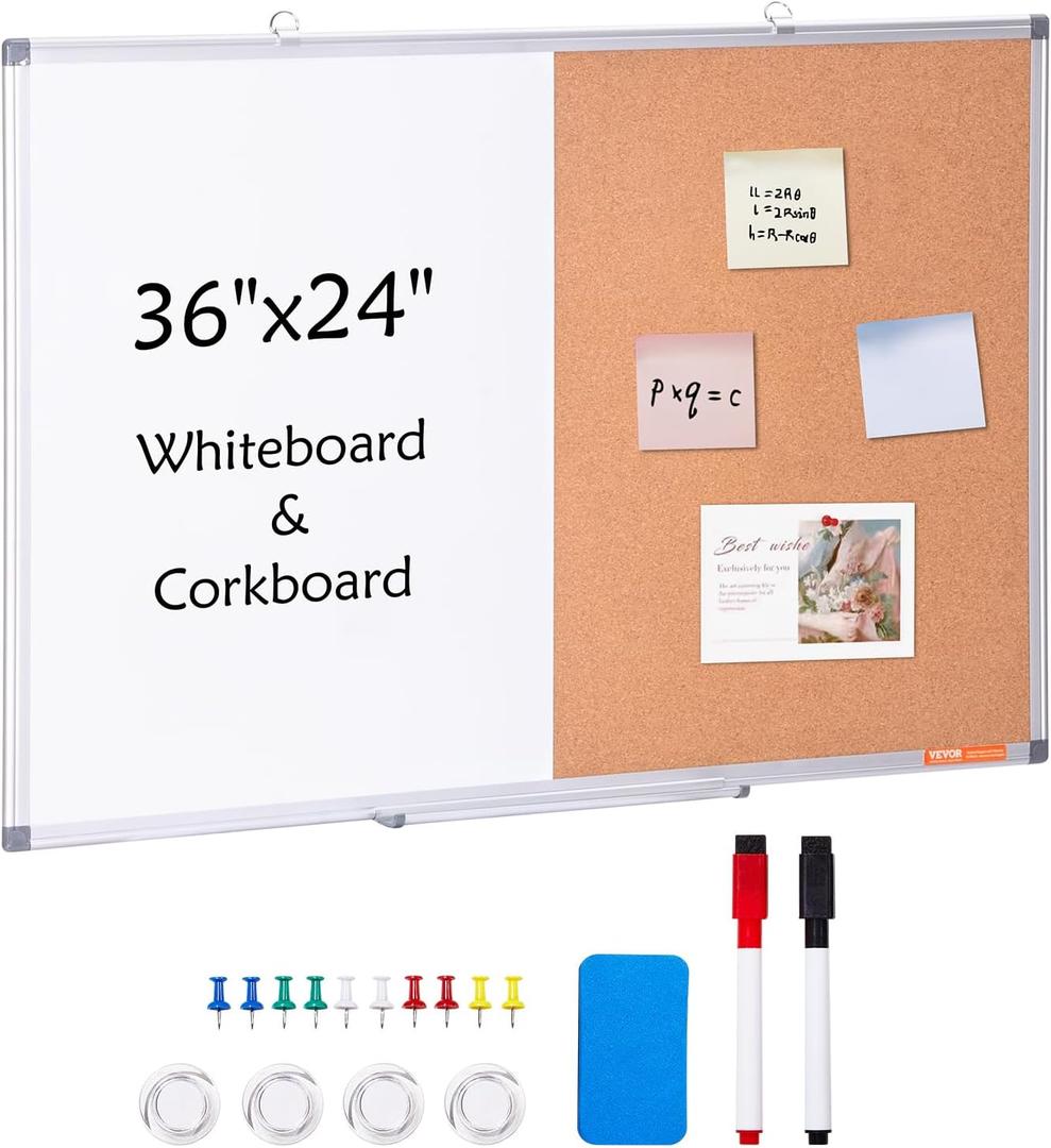 VEVOR 36"x 24" Whiteboard & Cork Board Combo with Aluminum Frame 2-in-1 Magnetic Dry Erase Bulletin Board for Wall Mount Ideal for School, Home, Office, 90" x 60"