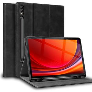 for Samsung Galaxy Tab S8/S7 Plus/S7 FE+ 12.4 inch Case with S Pen Holder 2020/2021/2022 Model(SM-X800/X806/T730/T736/T970/T975) Genuine Leather Cover Protective Shell,Auto Wake/Sleep.Black