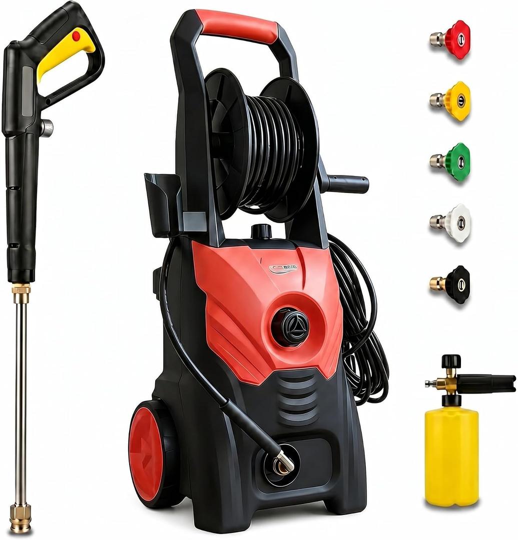 3000 PSI Electric Pressure Washer, 2.3 Max GPM, 1625W, Orange Red | Comes with hose reel & 36ft cord, leak-proof design, 5 nozzles and foam pot to clean cars, fences and courtyards