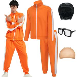 EFORLED Adult Halloween Costumes for Men 2025,Family Orange Zip-Up Tracksuit with Black Wig Cap & Glasses Large
