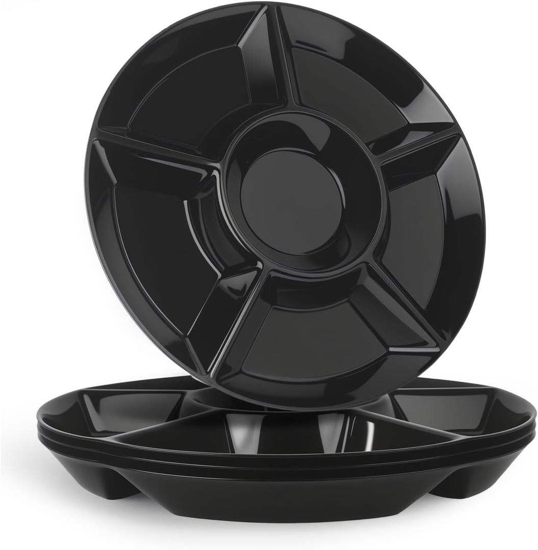 greenandlife 4 Pcs 12.4" Large Divided Serving Trays for Party Supplies, 6 Compartments Round Plastic Platters for Serving Food, Unbreakable Reusable Trays for Snack, Veggie, Fruit, Candy, Black