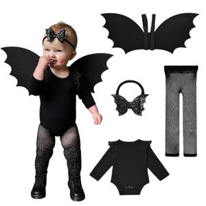 Halloween Toddler Bat Costume for Baby Girl Boy with Black Bat Wing Ruffle Long Sleeve Romper Bodysuit Goth Bow Headband, 90cm(12-18M)