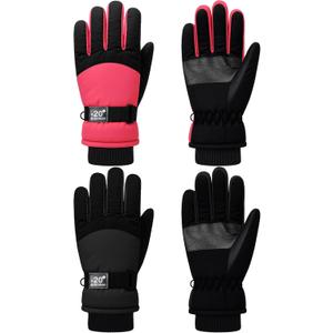 SATINIOR 2 Pairs Kids Waterproof Winter Snow Gloves Ski Gloves for Boy Girl Outdoor Warm Thickening Snowboar (6-10 Years, Cute Pink, Black)