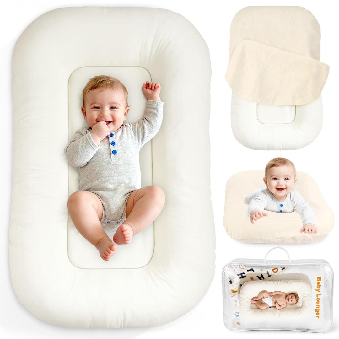 Baby Lounger & Snuggle Nest for Newborn 0-24 Months, Baby Nest Supervised Breathable Cotton for Newborn, Breathable Portable Infant Lounnger for Travel and Home, White