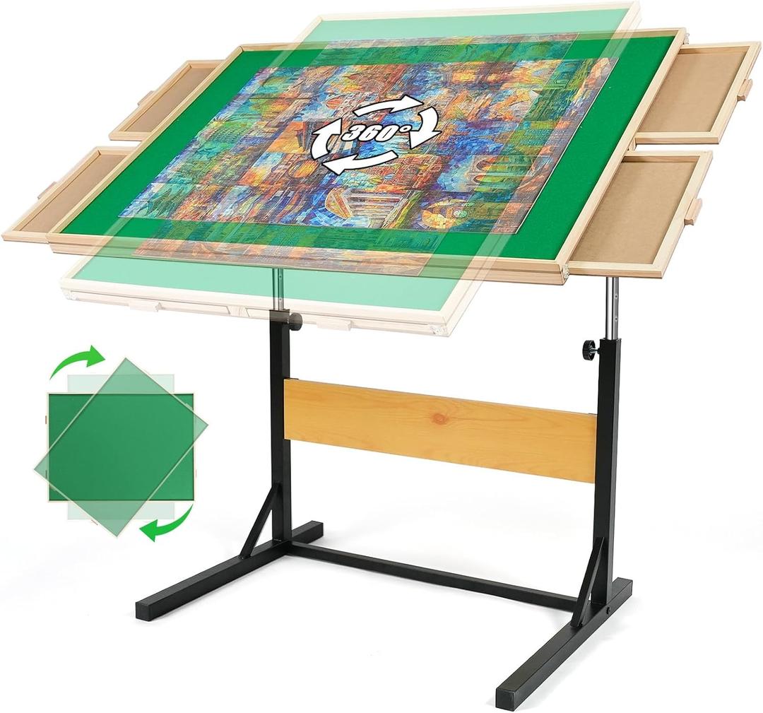 ALL4JIG 1500 Piece Jigsaw Puzzle Table with Legs, Wooden Jigsaw Puzzle Table with 4 Drawers & Cover, 360°Rotating for Easy Access, Adjustable Angle & Height Adjustment
