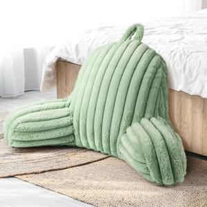 AELS Large Reading Pillow Replacement Cover with Arms and Pockets (Cover ONLY), 18" Soft Faux Fur Striped Backrest Pillow Cover Fits Standard Size Reading Pillows, Matcha Latte