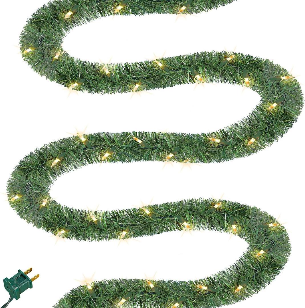 Biswing 50FT Pre-lit Christmas Green Garland, Lighted Artificial Pine Garlands with 100 Count Clear Incandescent Mini Lights, Light Up for Indoor Outdoor Gate Home Winter Holiday New Year Decorations (Warm White)